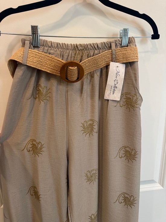 Pants - Neutral Embroidered Wide-Leg Pants with Woven Belt